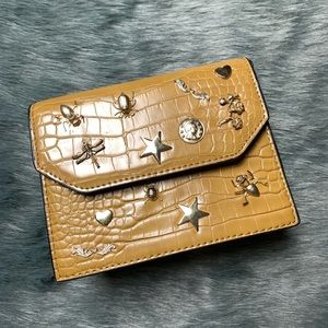 Brown croc embossed crossbody with insects pins